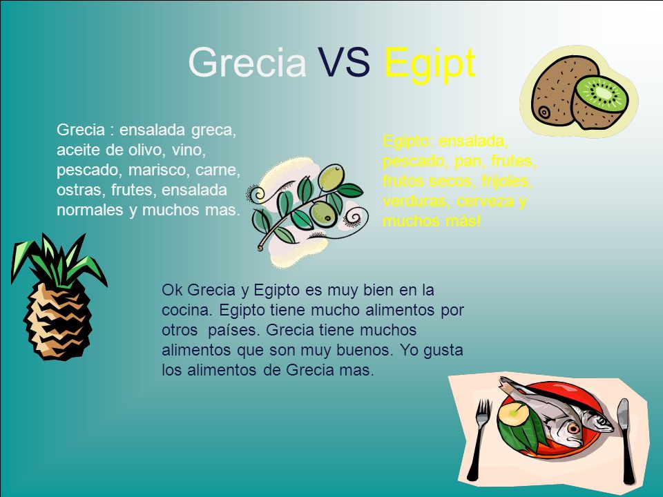 Grecia VS Egipt Grecia : ensalada greca, aceite de olivo, vino, pescado, marisco, carne, ostras, frutes, ensalada normales y muchos mas.