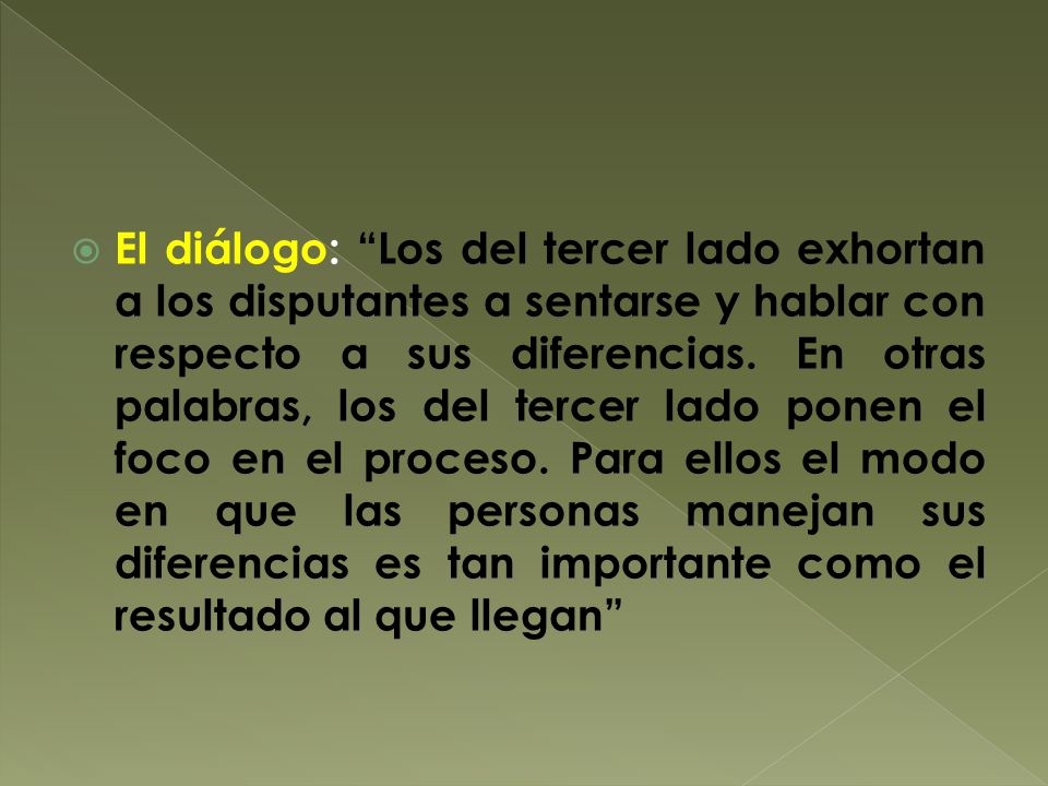 El diálogo: Los del tercer lado exhortan a los disputantes a sentarse y hablar con respecto a sus diferencias.