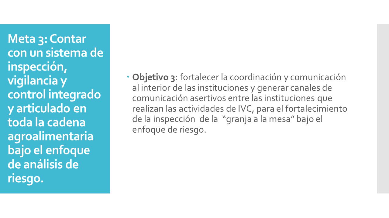 Objetivo 3: fortalecer la coordinación y comunicación al interior de las instituciones y generar canales de comunicación asertivos entre las instituciones que realizan las actividades de IVC, para el fortalecimiento de la inspección de la granja a la mesa bajo el enfoque de riesgo.