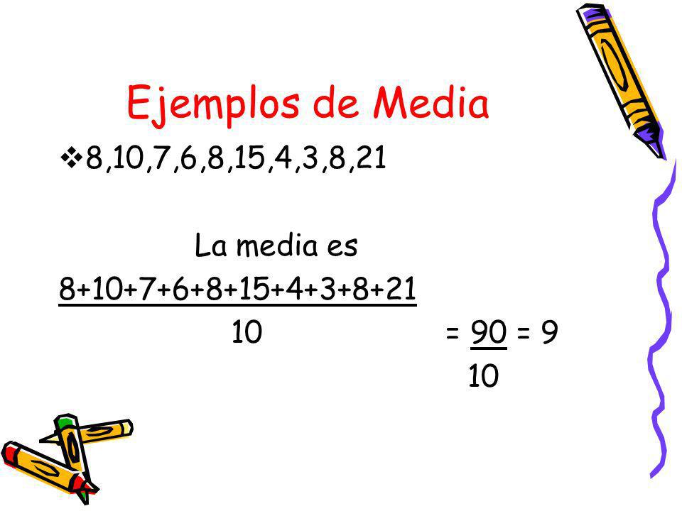 Ejemplos de Media 8,10,7,6,8,15,4,3,8,21 La media es