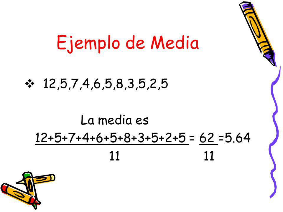 Ejemplo de Media 12,5,7,4,6,5,8,3,5,2,5 La media es