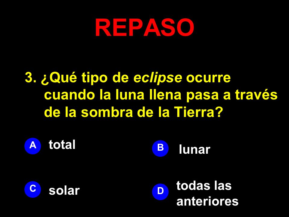 REPASO 3. ¿Qué tipo de eclipse ocurre cuando la luna llena pasa a través de la sombra de la Tierra