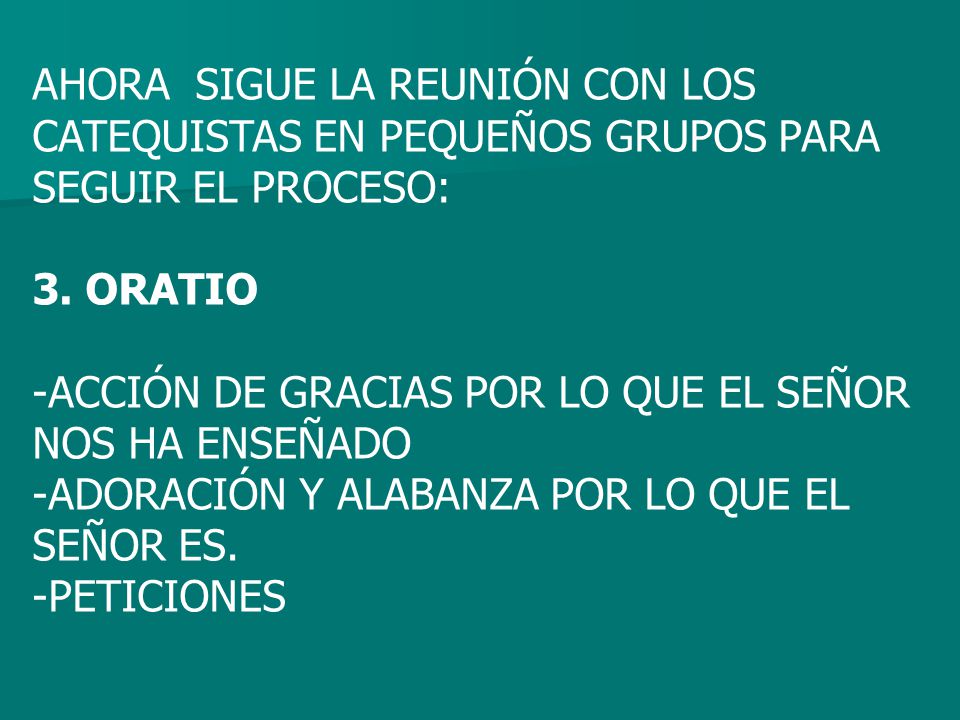 AHORA SIGUE LA REUNIÓN CON LOS CATEQUISTAS EN PEQUEÑOS GRUPOS PARA SEGUIR EL PROCESO:
