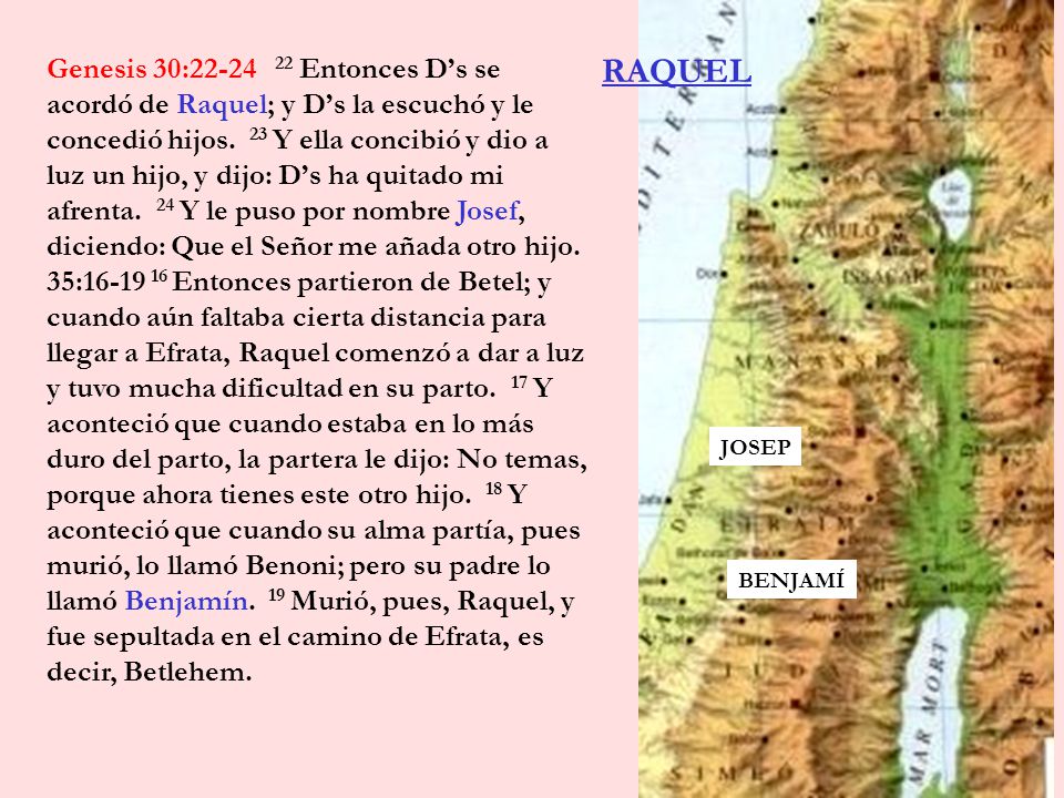 Genesis 30: Entonces D’s se acordó de Raquel; y D’s la escuchó y le concedió hijos. 23 Y ella concibió y dio a luz un hijo, y dijo: D’s ha quitado mi afrenta. 24 Y le puso por nombre Josef, diciendo: Que el Señor me añada otro hijo. 35: Entonces partieron de Betel; y cuando aún faltaba cierta distancia para llegar a Efrata, Raquel comenzó a dar a luz y tuvo mucha dificultad en su parto. 17 Y aconteció que cuando estaba en lo más duro del parto, la partera le dijo: No temas, porque ahora tienes este otro hijo. 18 Y aconteció que cuando su alma partía, pues murió, lo llamó Benoni; pero su padre lo llamó Benjamín. 19 Murió, pues, Raquel, y fue sepultada en el camino de Efrata, es decir, Betlehem.