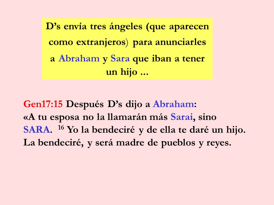 D’s envía tres ángeles (que aparecen como extranjeros) para anunciarles a Abraham y Sara que iban a tener un hijo ...