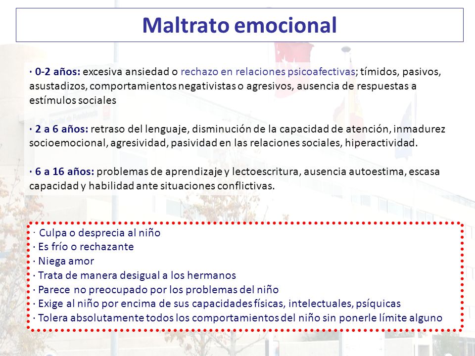 Maltrato emocional · 0-2 años: excesiva ansiedad o rechazo en relaciones psicoafectivas; tímidos, pasivos,