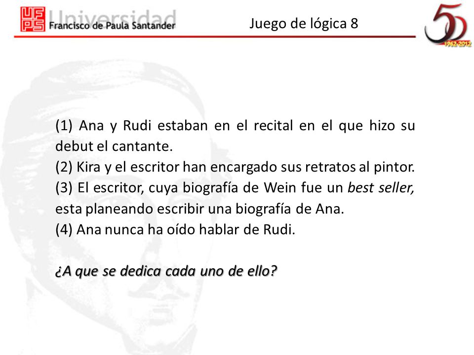 Juego de lógica 8 (1) Ana y Rudi estaban en el recital en el que hizo su debut el cantante.