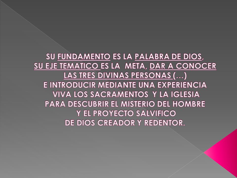 SU FUNDAMENTO ES LA PALABRA DE DIOS, SU EJE TEMATICO ES LA META, DAR A CONOCER LAS TRES DIVINAS PERSONAS (…) E INTRODUCIR MEDIANTE UNA EXPERIENCIA VIVA LOS SACRAMENTOS Y LA IGLESIA PARA DESCUBRIR EL MISTERIO DEL HOMBRE Y EL PROYECTO SALVIFICO DE DIOS CREADOR Y REDENTOR.