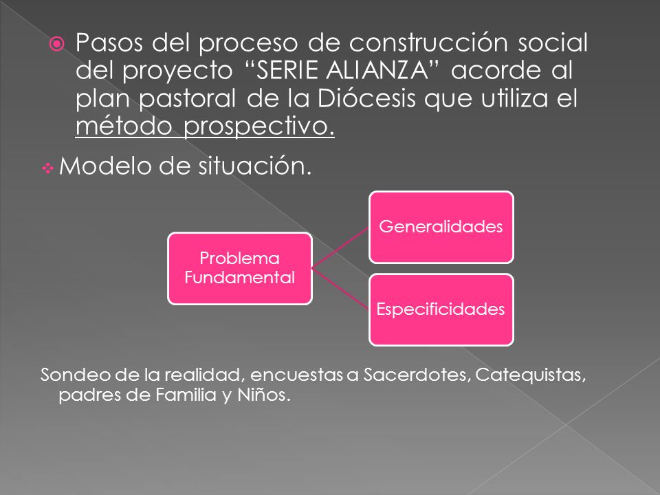 Pasos del proceso de construcción social del proyecto SERIE ALIANZA acorde al plan pastoral de la Diócesis que utiliza el método prospectivo.