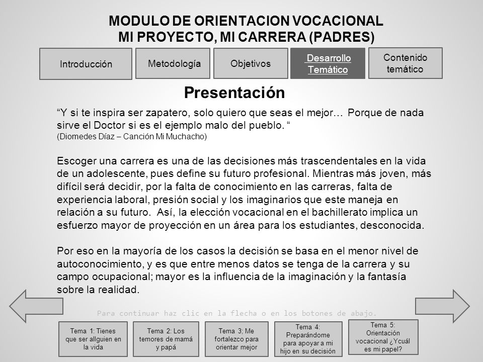 MODULO DE ORIENTACION VOCACIONAL MI PROYECTO, MI CARRERA (PADRES) - ppt  descargar