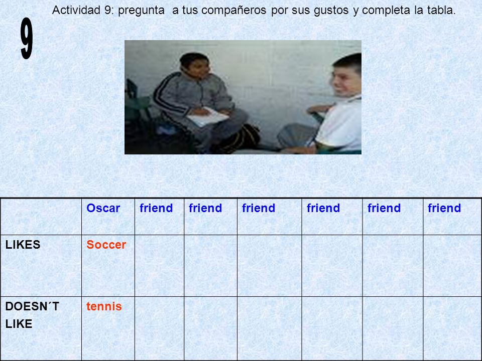 Actividad 9: pregunta a tus compañeros por sus gustos y completa la tabla.
