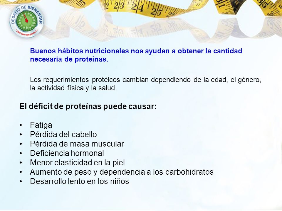 El déficit de proteínas puede causar: Fatiga Pérdida del cabello