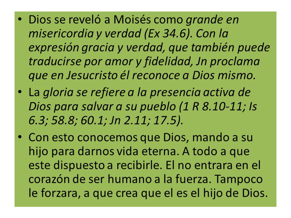 Dios se reveló a Moisés como grande en misericordia y verdad (Ex 34.6). Con la expresión gracia y verdad, que también puede traducirse por amor y fidelidad, Jn proclama que en Jesucristo él reconoce a Dios mismo.