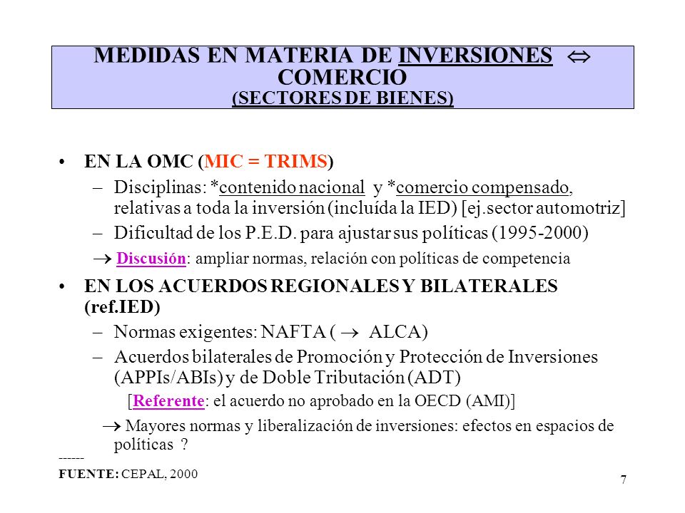MEDIDAS EN MATERIA DE INVERSIONES  COMERCIO (SECTORES DE BIENES)