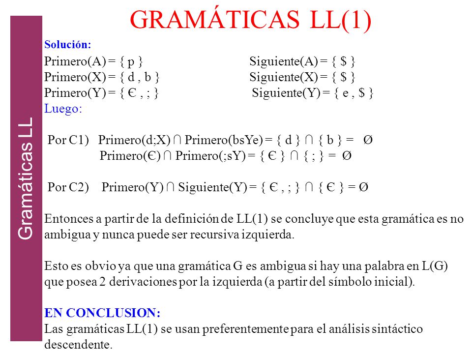 GRAMÁTICAS LL(1) Gramáticas LL Primero(A) = { p } Siguiente(A) = { $ }