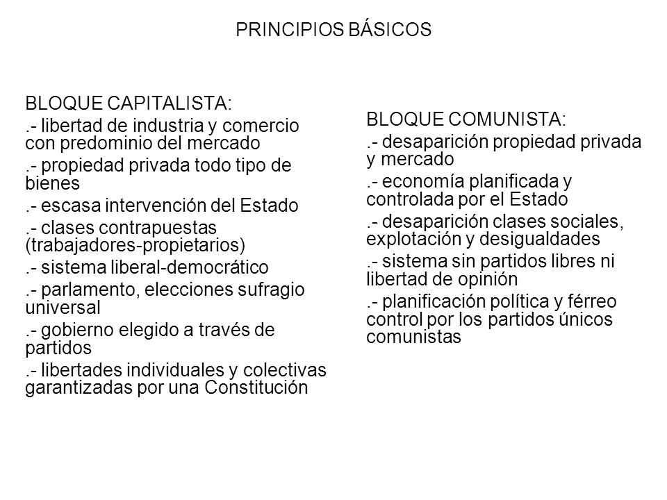 PRINCIPIOS BÁSICOS BLOQUE CAPITALISTA: .- libertad de industria y comercio con predominio del mercado.