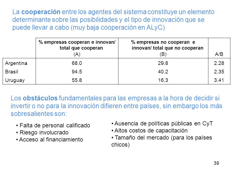 La cooperación entre los agentes del sistema constituye un elemento determinante sobre las posibilidades y el tipo de innovación que se puede llevar a cabo (muy baja cooperación en ALyC)