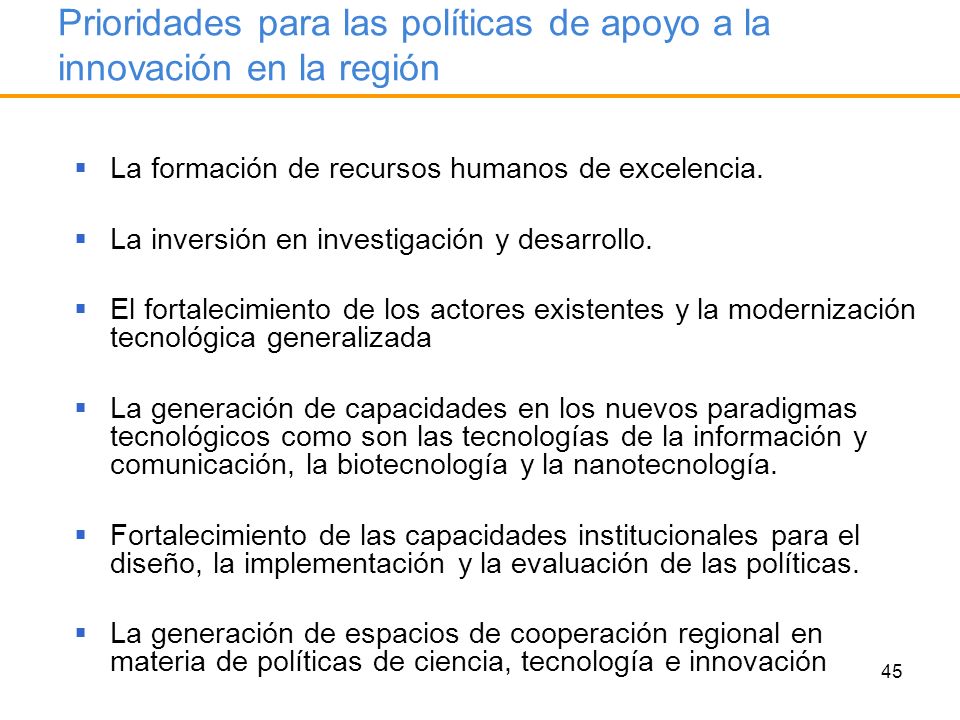 Prioridades para las políticas de apoyo a la innovación en la región