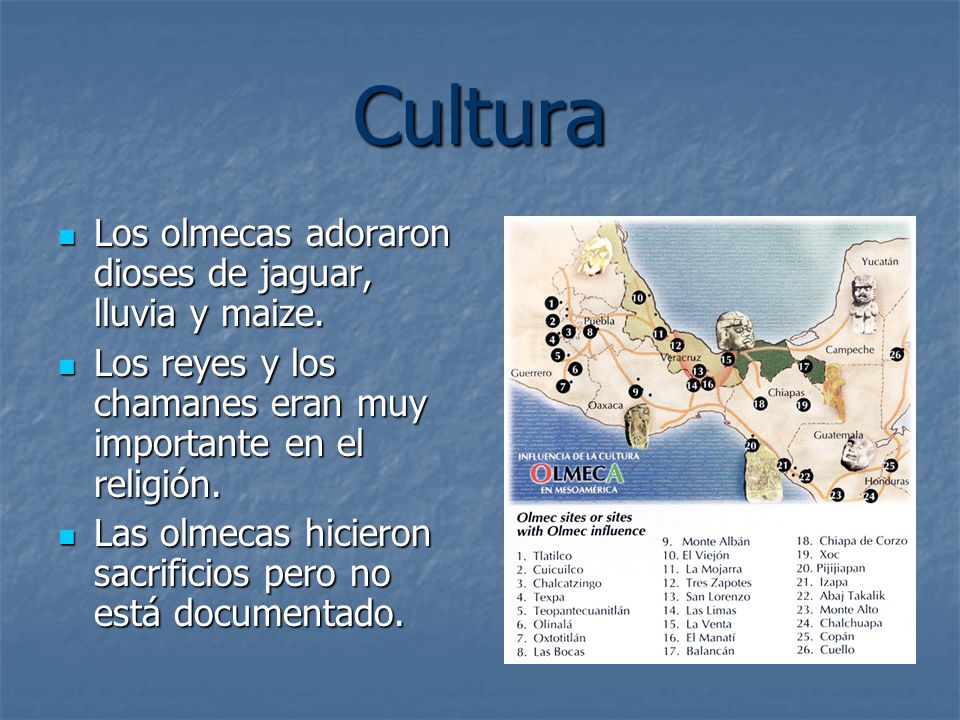 Cultura Los olmecas adoraron dioses de jaguar, lluvia y maize.