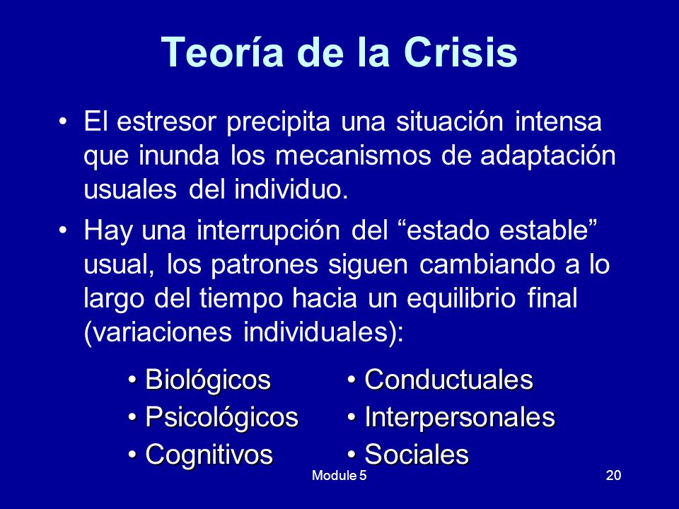 Teoría de la Crisis El estresor precipita una situación intensa que inunda los mecanismos de adaptación usuales del individuo.