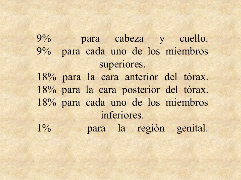 9% para cabeza y cuello. 9% para cada uno de los miembros superiores