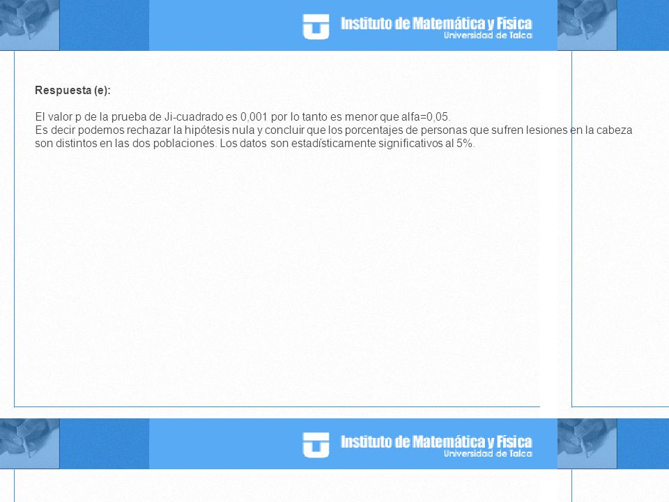Respuesta (e): El valor p de la prueba de Ji-cuadrado es 0,001 por lo tanto es menor que alfa=0,05.