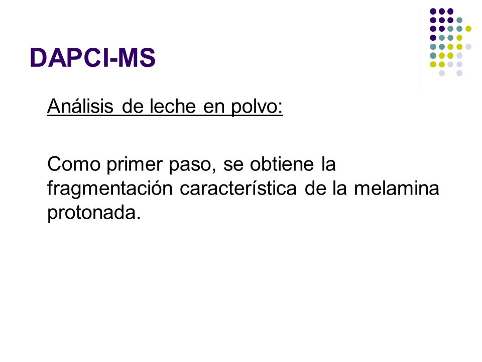 DAPCI-MS Análisis de leche en polvo: Como primer paso, se obtiene la fragmentación característica de la melamina protonada.