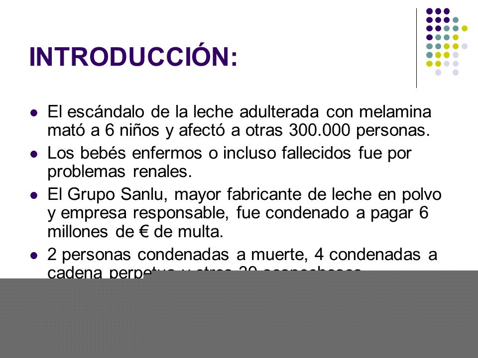 INTRODUCCIÓN: El escándalo de la leche adulterada con melamina mató a 6 niños y afectó a otras personas.