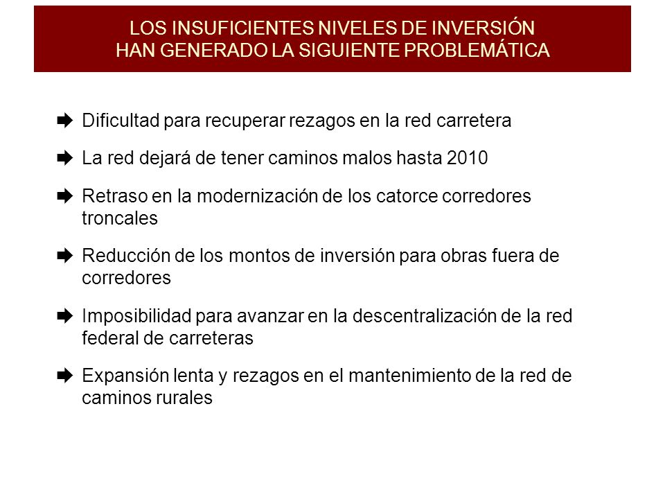 LOS INSUFICIENTES NIVELES DE INVERSIÓN HAN GENERADO LA SIGUIENTE PROBLEMÁTICA