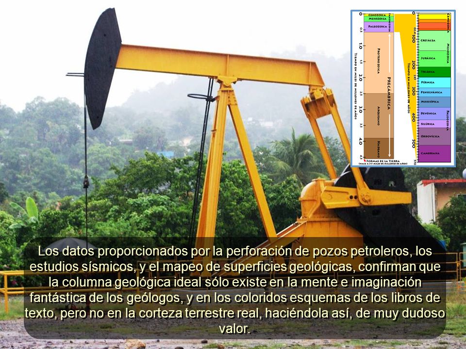 Los datos proporcionados por la perforación de pozos petroleros, los estudios sísmicos, y el mapeo de superficies geológicas, confirman que la columna geológica ideal sólo existe en la mente e imaginación fantástica de los geólogos, y en los coloridos esquemas de los libros de texto, pero no en la corteza terrestre real, haciéndola así, de muy dudoso valor.