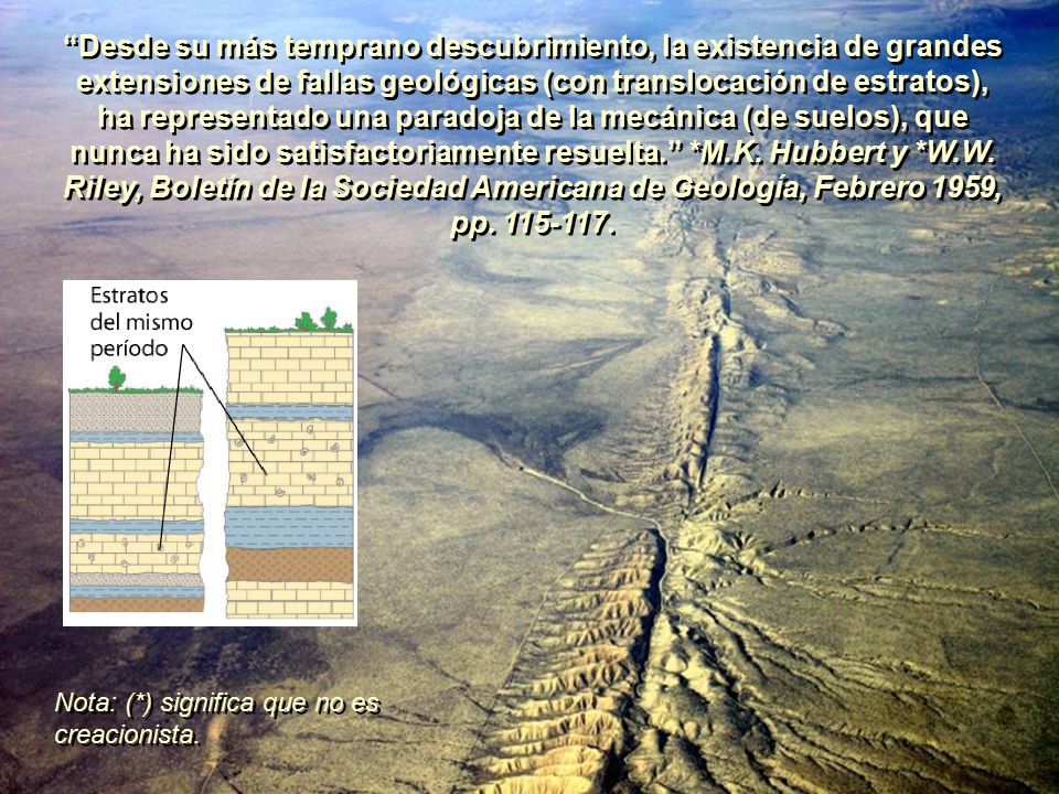 Desde su más temprano descubrimiento, la existencia de grandes extensiones de fallas geológicas (con translocación de estratos), ha representado una paradoja de la mecánica (de suelos), que nunca ha sido satisfactoriamente resuelta. *M.K. Hubbert y *W.W. Riley, Boletín de la Sociedad Americana de Geología, Febrero 1959, pp