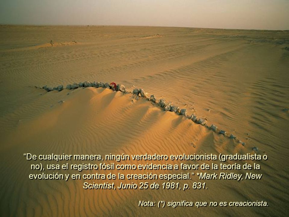 De cualquier manera, ningún verdadero evolucionista (gradualista o no), usa el registro fósil como evidencia a favor de la teoría de la evolución y en contra de la creación especial. *Mark Ridley, New Scientist, Junio 25 de 1981, p. 831.