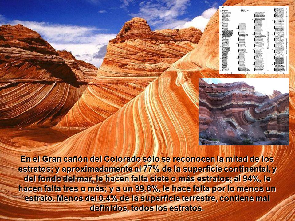 En el Gran cañón del Colorado sólo se reconocen la mitad de los estratos; y aproximadamente al 77% de la superficie continental, y del fondo del mar, le hacen falta siete o más estratos; al 94%, le hacen falta tres o más; y a un 99.6%, le hace falta por lo menos un estrato.