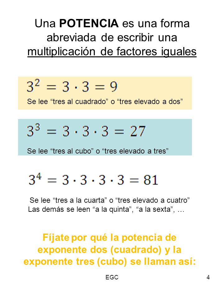 Una POTENCIA es una forma abreviada de escribir una multiplicación de factores iguales