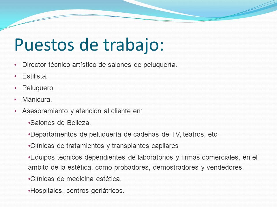 Puestos de trabajo: Director técnico artístico de salones de peluquería. Estilista. Peluquero. Manicura.