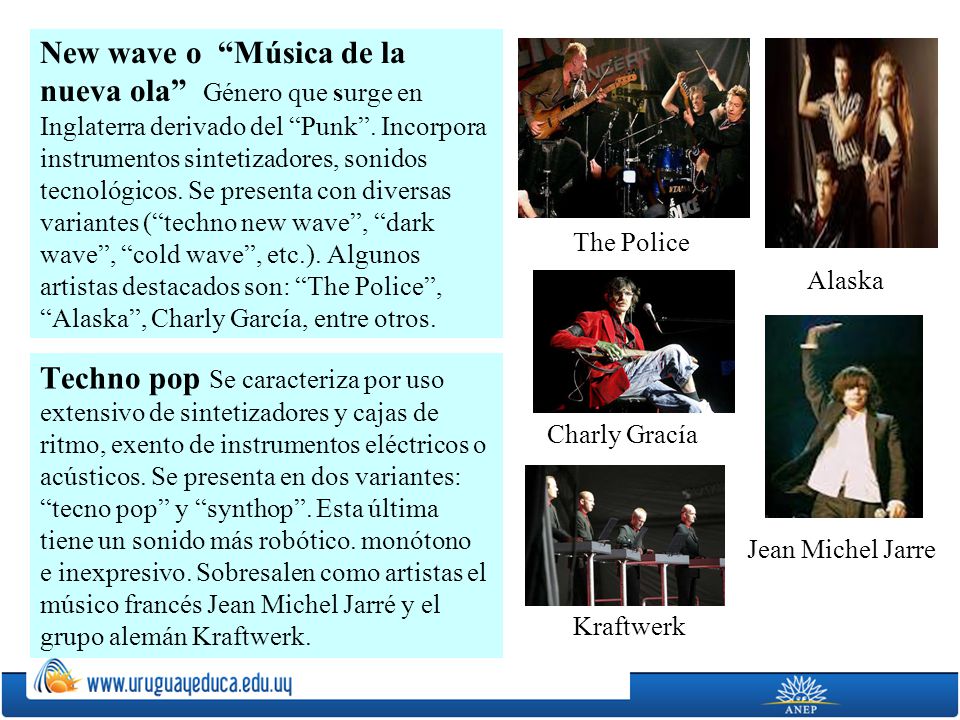 New wave o Música de la nueva ola Género que surge en Inglaterra derivado del Punk . Incorpora instrumentos sintetizadores, sonidos tecnológicos. Se presenta con diversas variantes ( techno new wave , dark wave , cold wave , etc.). Algunos artistas destacados son: The Police , Alaska , Charly García, entre otros.