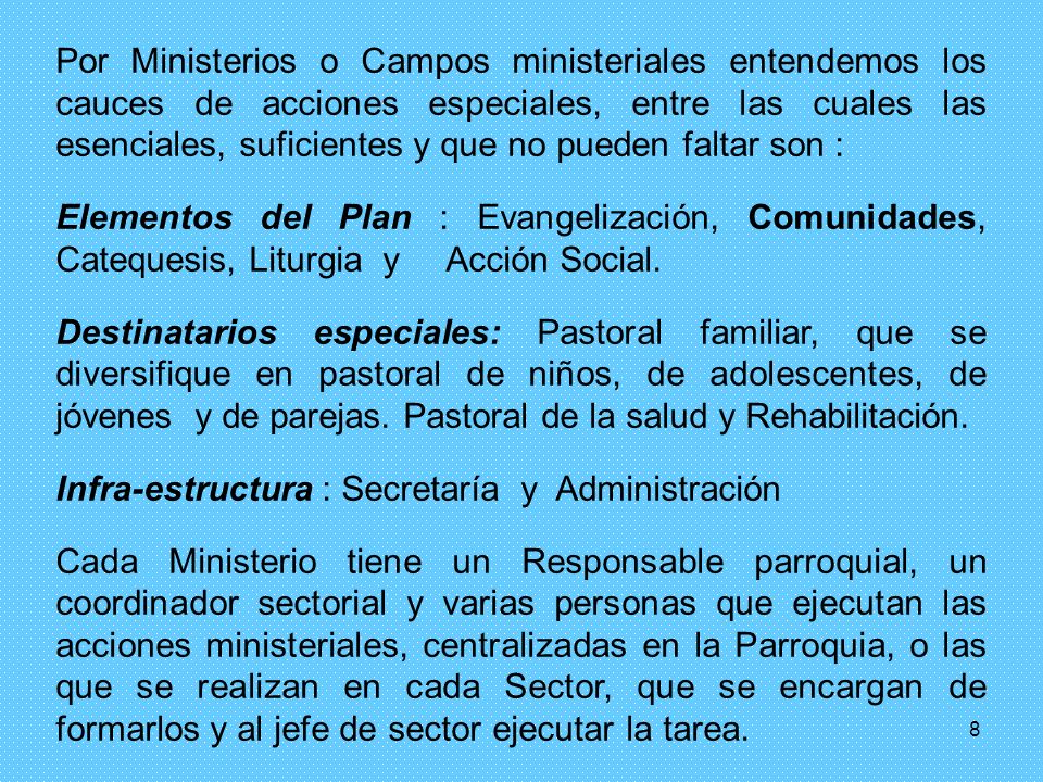 Por Ministerios o Campos ministeriales entendemos los cauces de acciones especiales, entre las cuales las esenciales, suficientes y que no pueden faltar son :