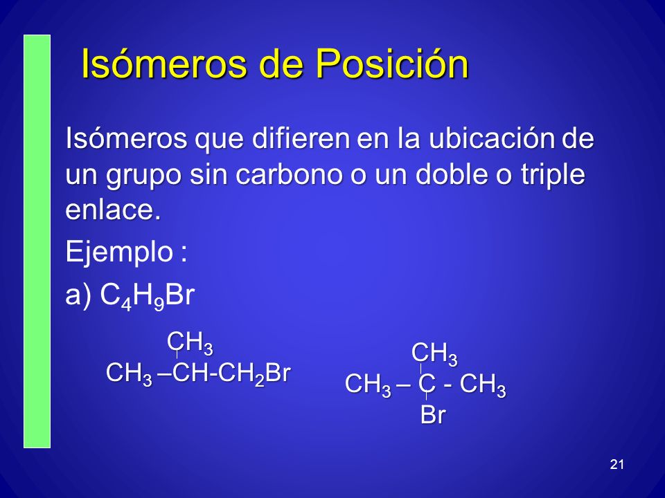 Isómeros de Posición Isómeros que difieren en la ubicación de un grupo sin carbono o un doble o triple enlace.