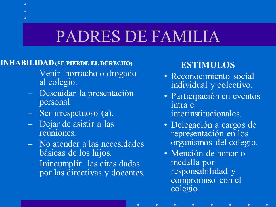 PADRES DE FAMILIA Venir borracho o drogado al colegio. ESTÍMULOS