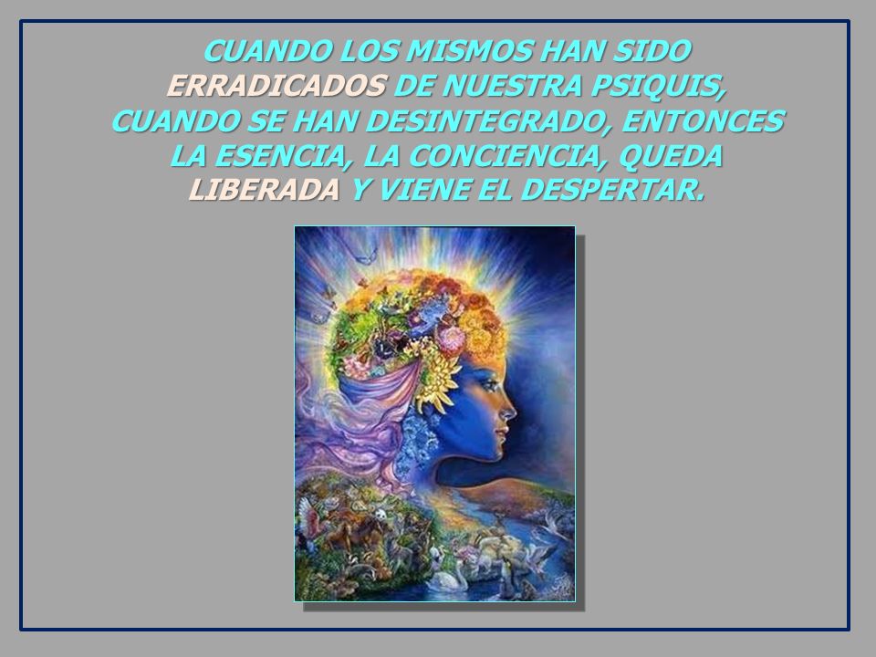 CUANDO LOS MISMOS HAN SIDO ERRADICADOS DE NUESTRA PSIQUIS, CUANDO SE HAN DESINTEGRADO, ENTONCES LA ESENCIA, LA CONCIENCIA, QUEDA LIBERADA Y VIENE EL DESPERTAR.