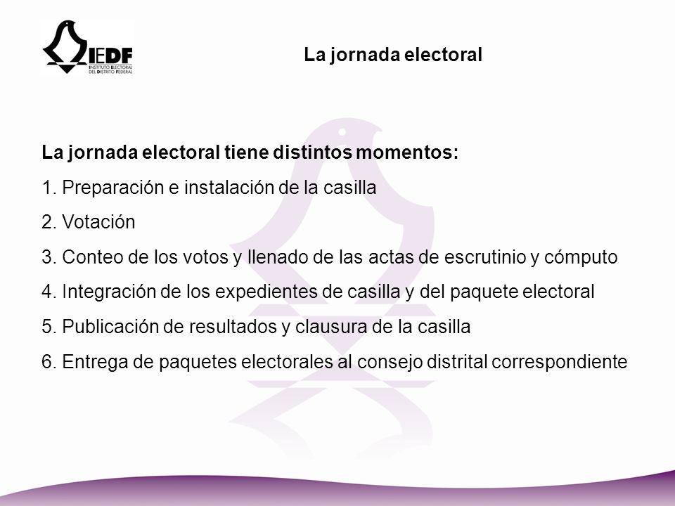 La jornada electoral La jornada electoral tiene distintos momentos: 1. Preparación e instalación de la casilla.