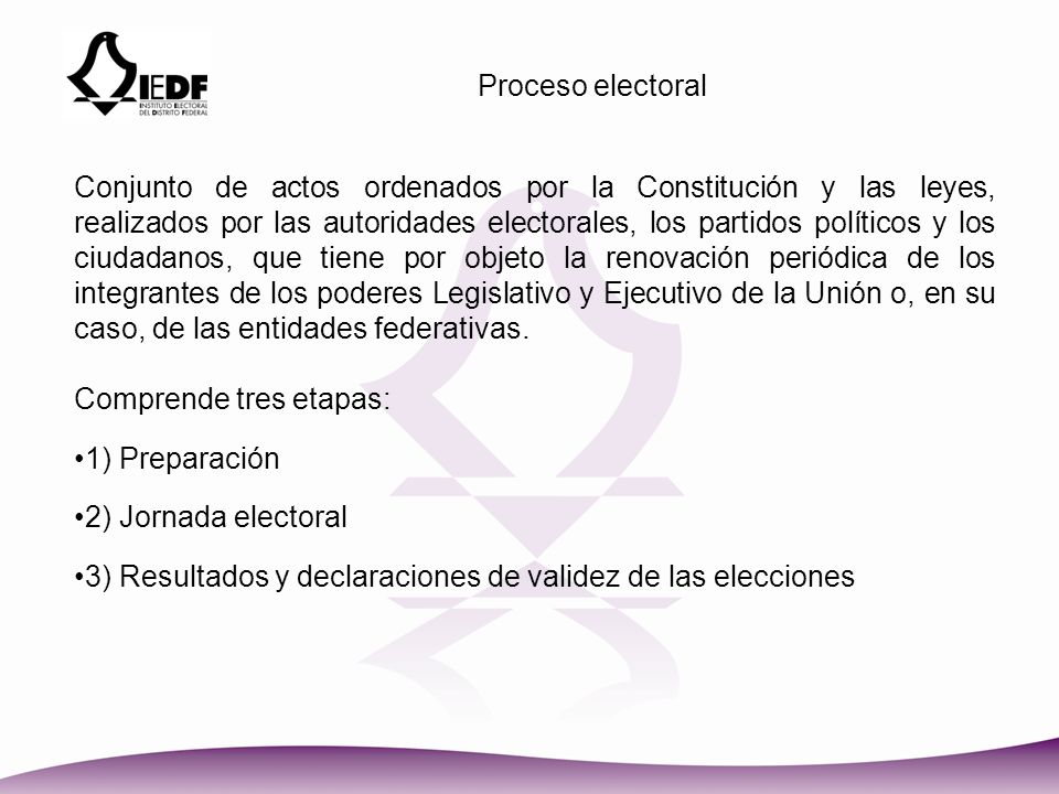 Comprende tres etapas: 1) Preparación 2) Jornada electoral