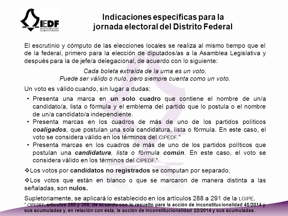 Indicaciones específicas para la jornada electoral del Distrito Federal