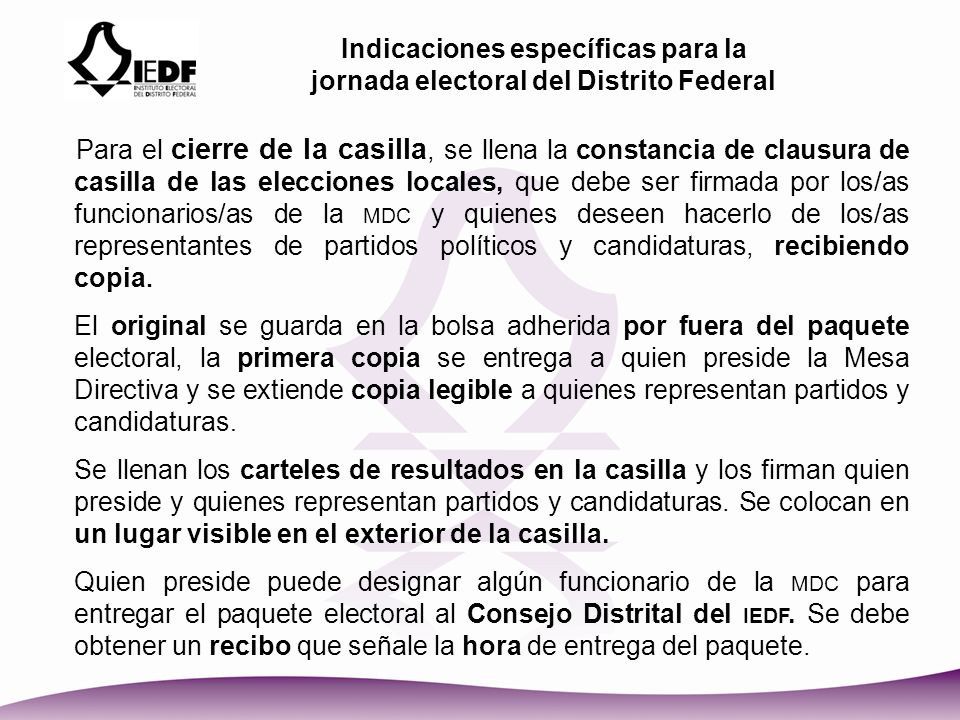 Indicaciones específicas para la jornada electoral del Distrito Federal