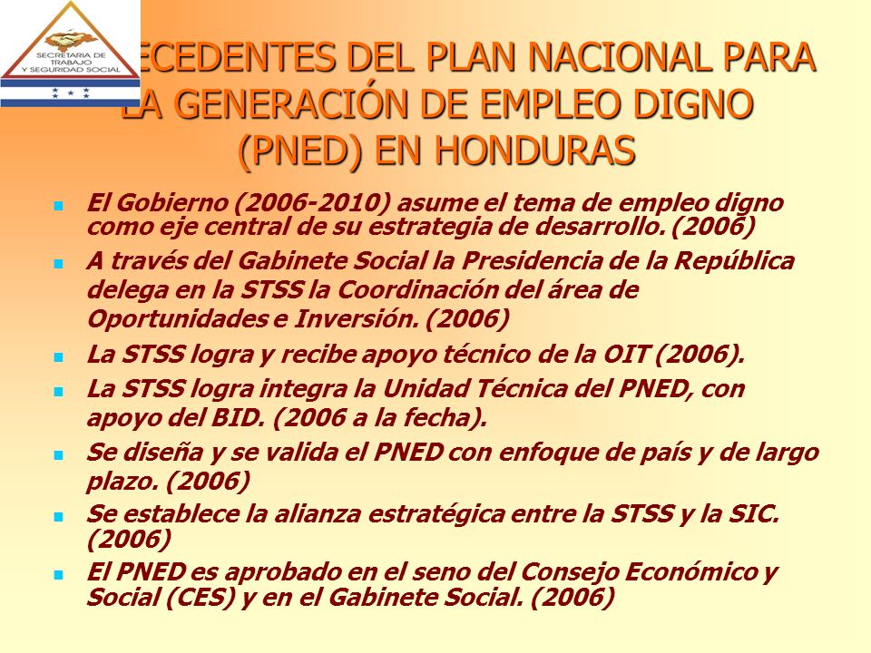 ANTECEDENTES DEL PLAN NACIONAL PARA LA GENERACIÓN DE EMPLEO DIGNO (PNED) EN HONDURAS