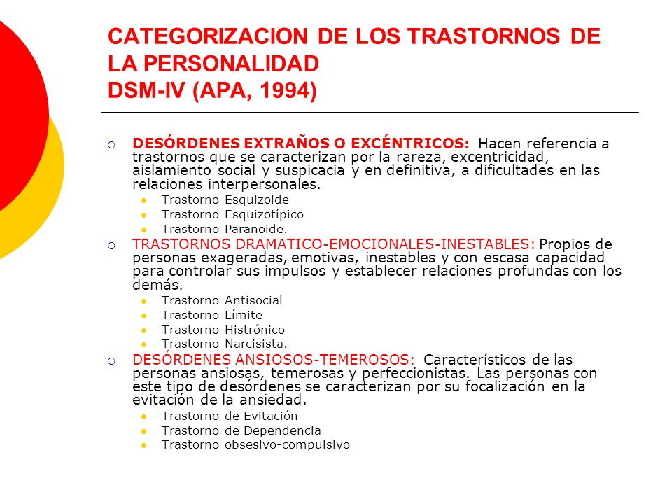 CATEGORIZACION DE LOS TRASTORNOS DE LA PERSONALIDAD DSM-IV (APA, 1994)