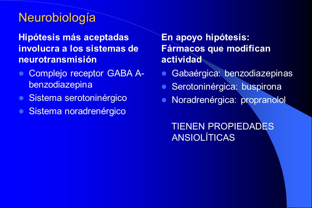 Neurobiología Hipótesis más aceptadas involucra a los sistemas de neurotransmisión. En apoyo hipótesis: Fármacos que modifican actividad.