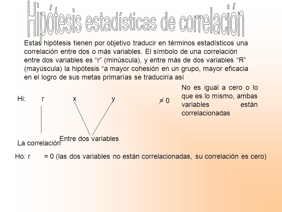 Estas hipótesis tienen por objetivo traducir en términos estadísticos una correlación entre dos o más variables. El símbolo de una correlación entre dos variables es r (minúscula), y entre más de dos variables R (mayúscula) la hipótesis a mayor cohesión en un grupo, mayor eficacia en el logro de sus metas primarías se traduciría así