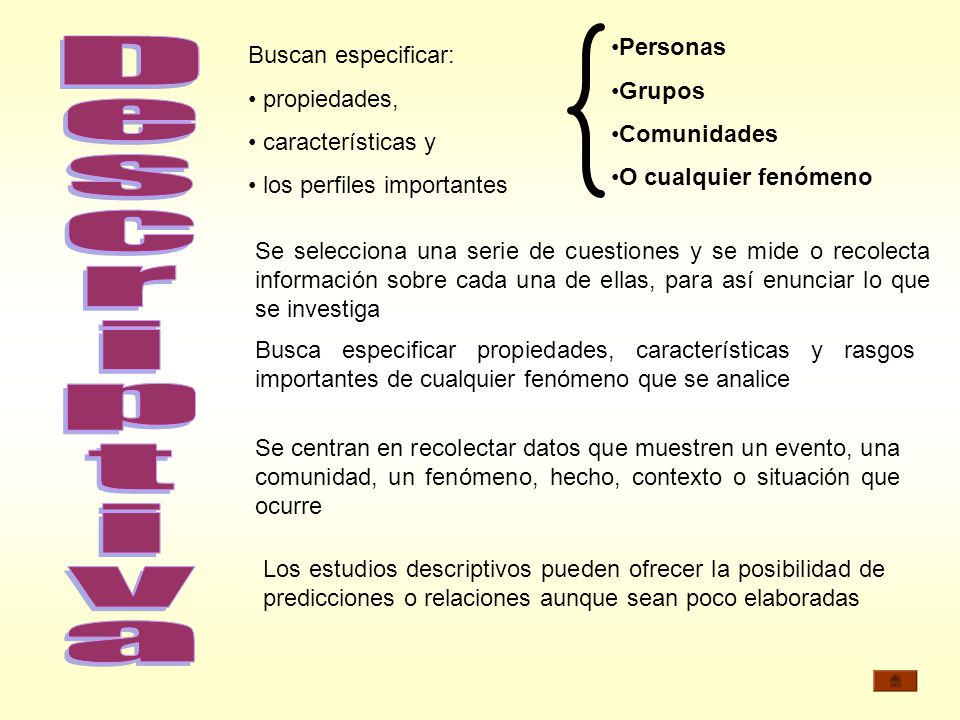 Personas Grupos. Comunidades. O cualquier fenómeno. Buscan especificar: propiedades, características y.