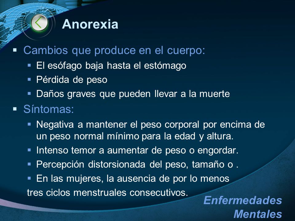 Anorexia Cambios que produce en el cuerpo: Síntomas: